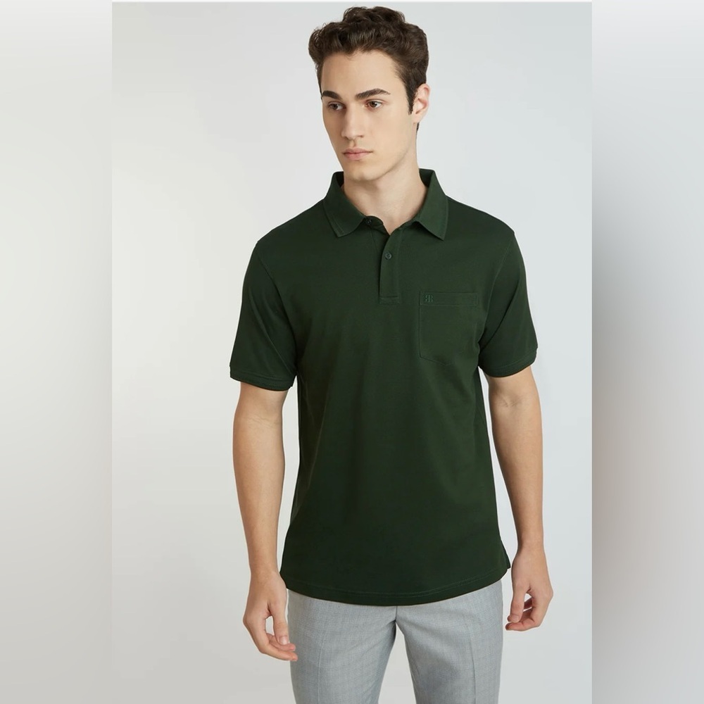 Raymond Men Green Solid Contemporary Fit Cotton T-Shirt Large Short Sleeve Polo